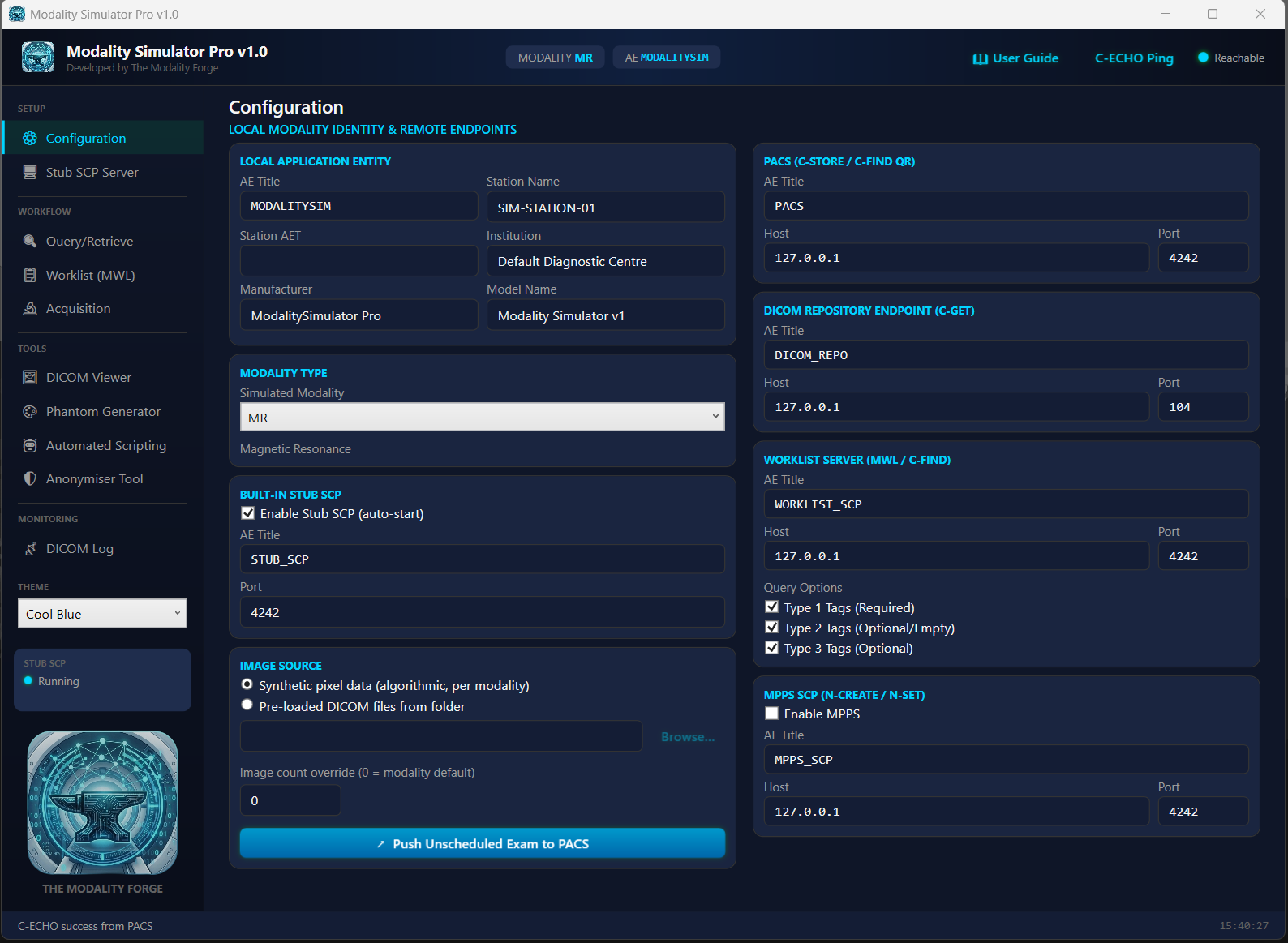 Modality Simulator Pro Interface showing DICOM scan and controls